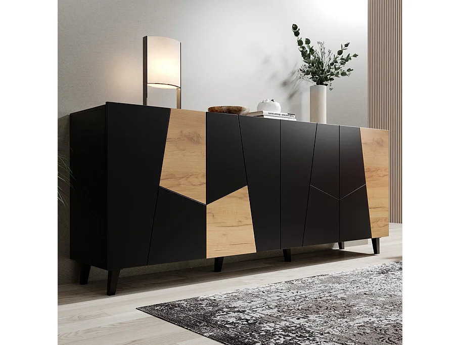 Credenza design Fuji nero opaco e rovere da 200 cm