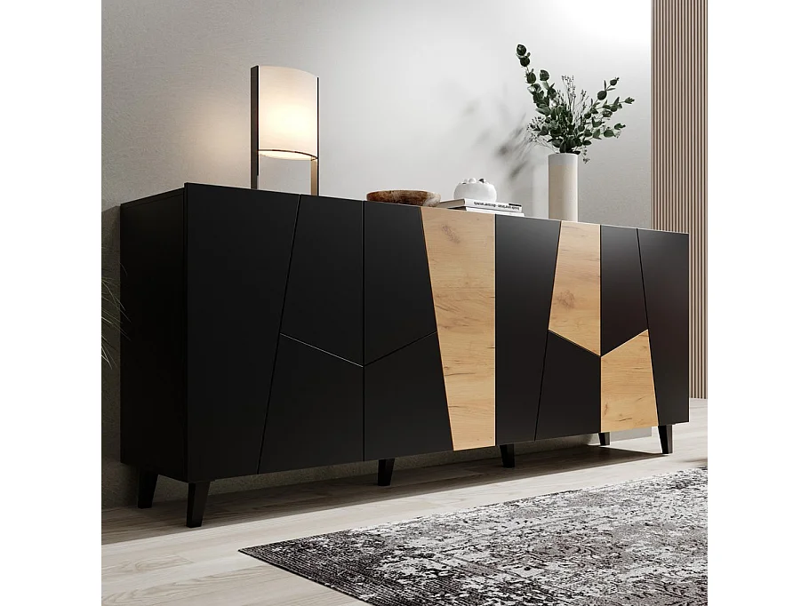 Credenza design Fuji nero opaco e rovere da 200 cm