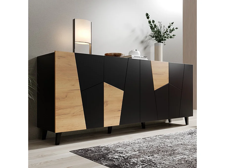 Credenza design Fuji nero opaco e rovere da 200 cm