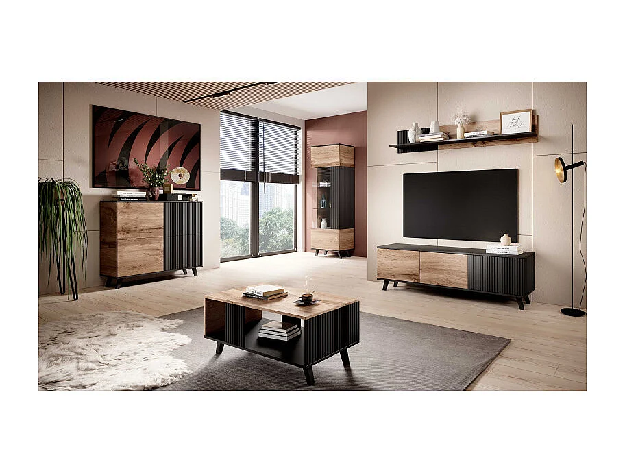 Bahut contemporain 100 cm 2 portes aspect chêne wotan et noir PUMP