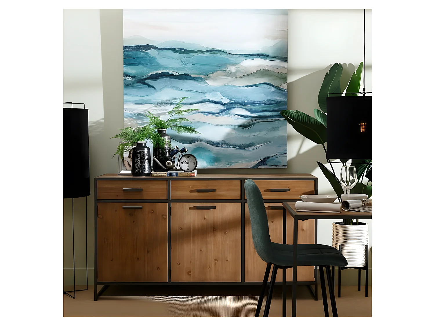 Buffet avec 3 portes et 3 tiroirs en bois et métal noir LEANDRE