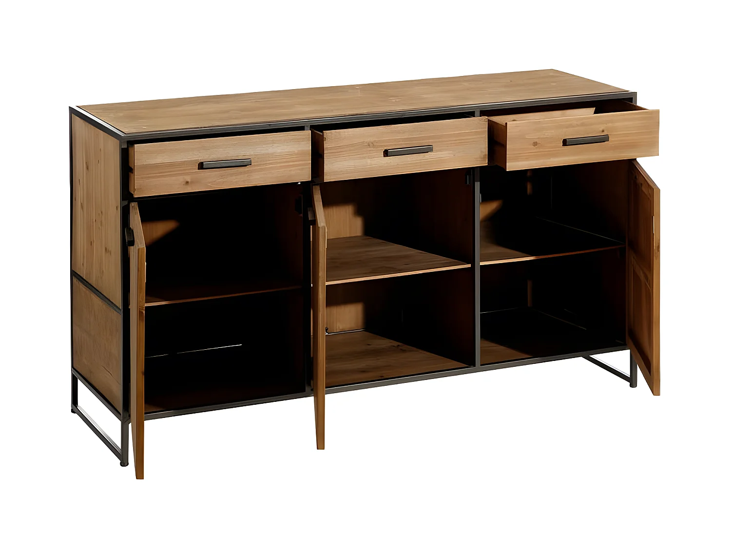 Buffet avec 3 portes et 3 tiroirs en bois et métal noir LEANDRE