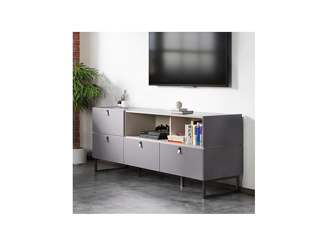 Buffet 166 cm style industriel 4 tiroirs gris graphite et pierre OBSERVER