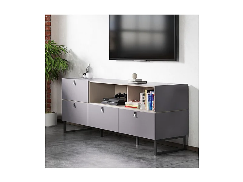 Buffet 166 cm style industriel 4 tiroirs gris graphite et pierre OBSERVER