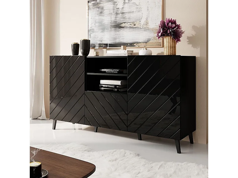 Buffet design noir brillant 150 cm Yaka