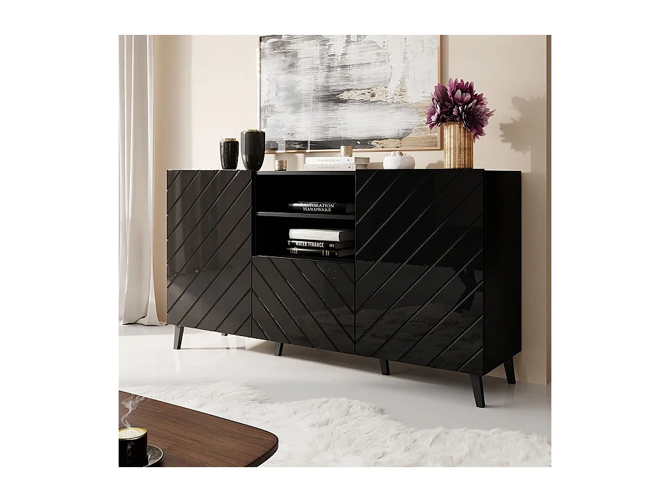 Buffet design noir brillant 150 cm Yaka