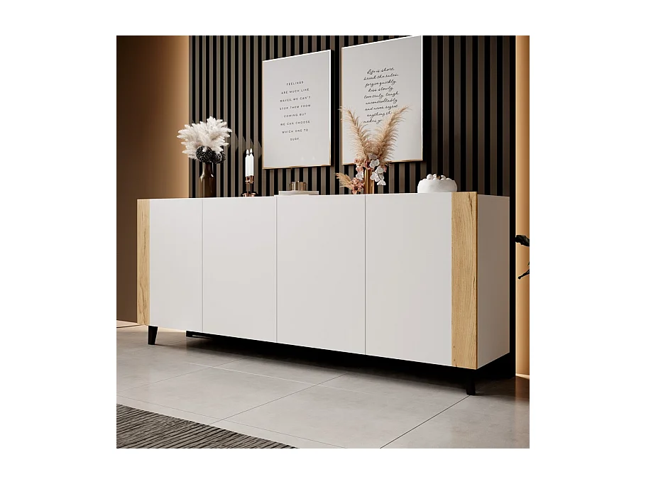 Buffet design blanc mat + bois 200 cm Tempo