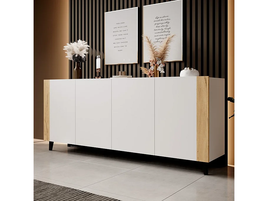 Buffet design blanc mat + bois 200 cm Tempo