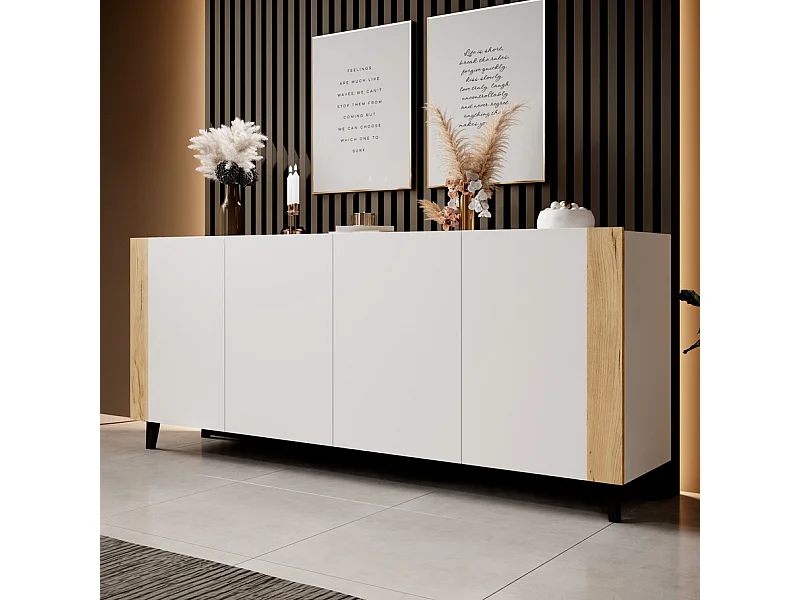 Buffet design blanc mat + bois 200 cm Tempo