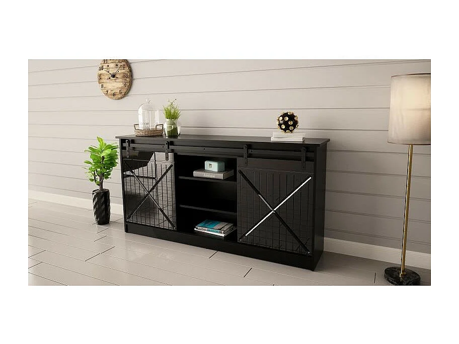 Buffet design noir 160 cm porte coulissantes Hexa