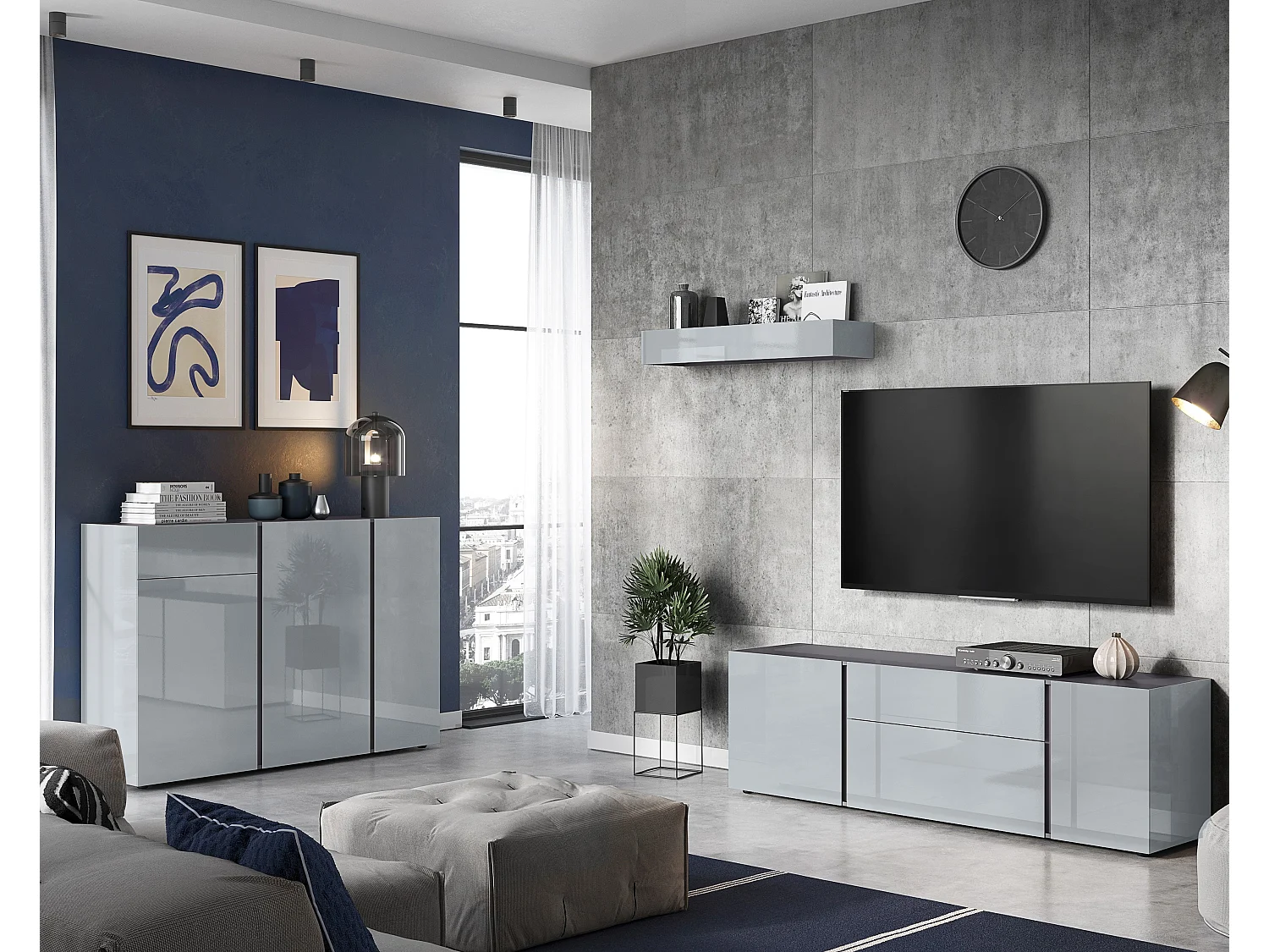 Buffet gris avec encadrement en verre 3 portes TESSA