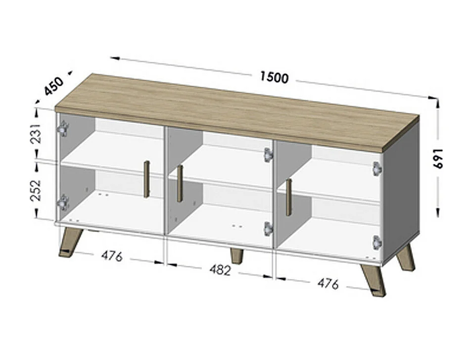 Credenza a 3 ante 150 cm Colin, rovere e bianco opaco