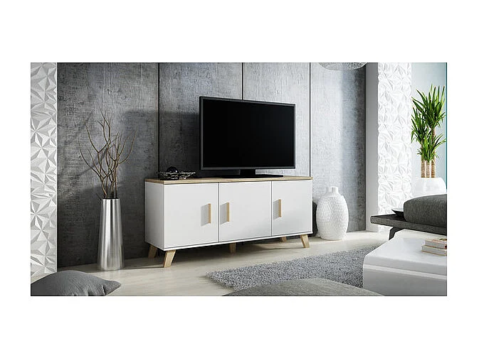 Buffet décor chêne & blanc mat 3 portes 150 cm Colin