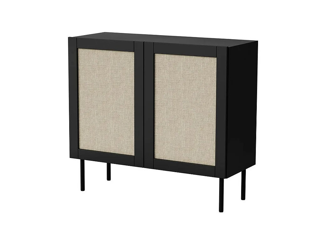 Buffet noir 100 cm 2 portes avec façades en rotin Rota