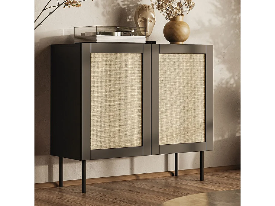 Credenza Rota a 2 ante nera da 100 cm con frontali in rattan