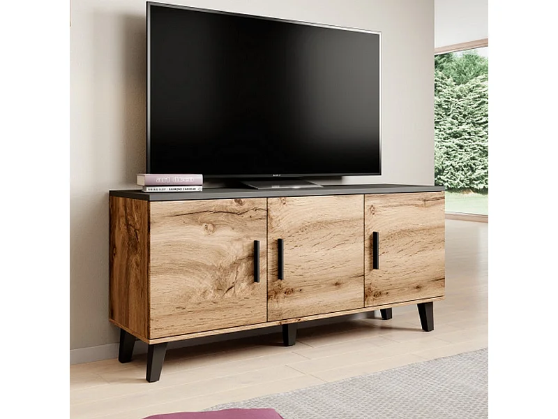 Buffet décor chêne et noir mat 3 portes 150 cm Colin