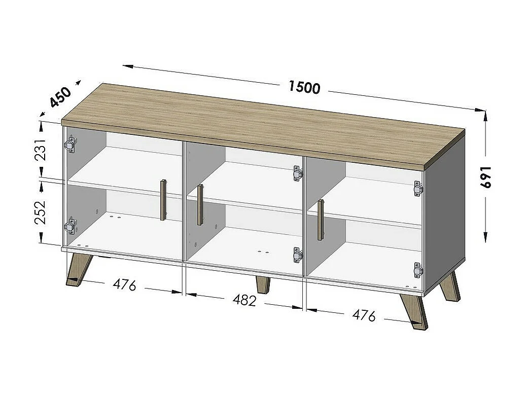 Credenza Colin a 3 ante, finitura rovere e nero opaco, 150 cm