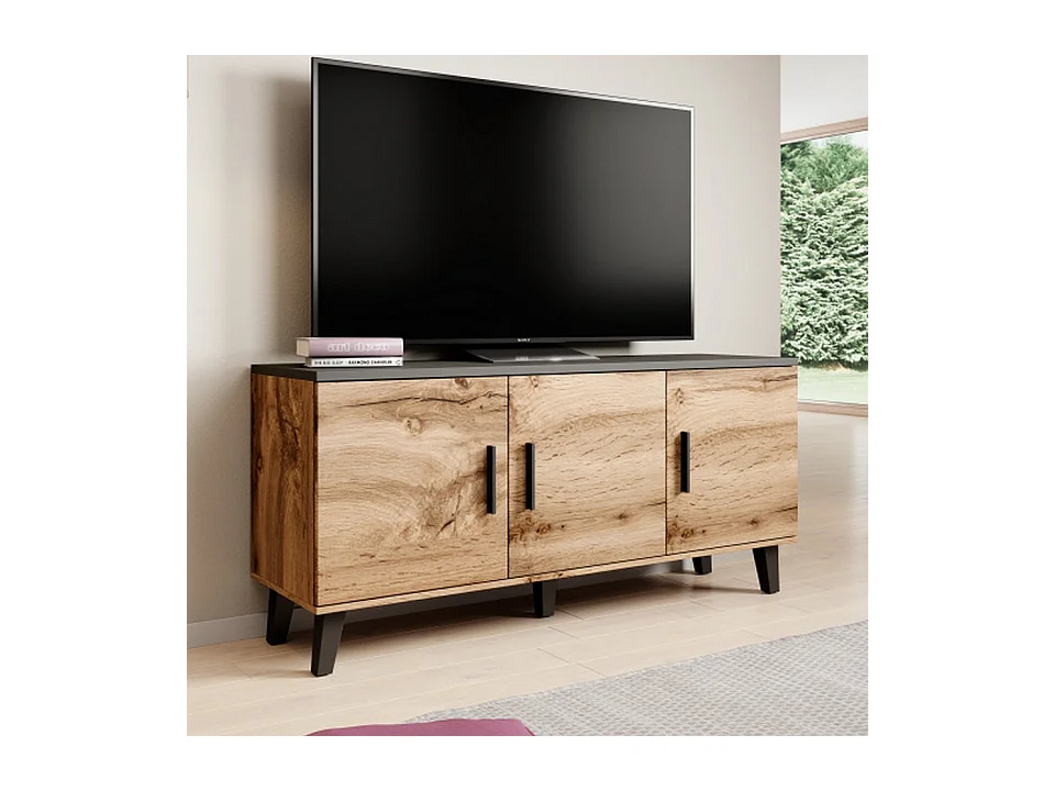 Buffet décor chêne et noir mat 3 portes 150 cm Colin