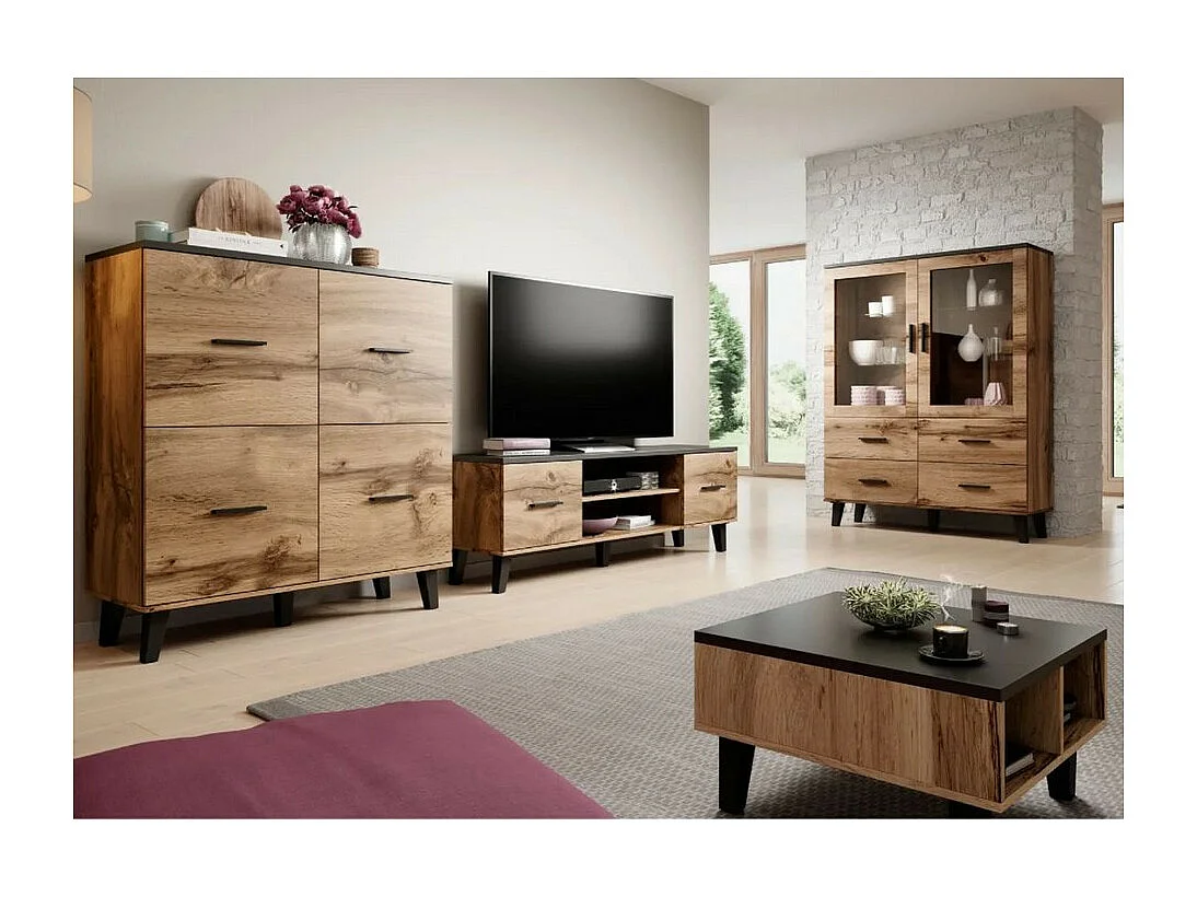 Buffet haut décor chêne et noir mat 110 cm Colin