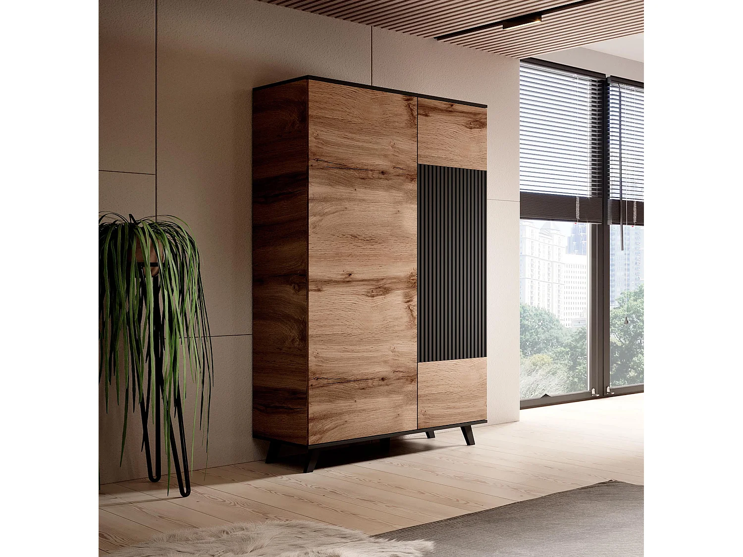 Buffet haut 90x182 cm noir et aspect chêne wotan PUMP