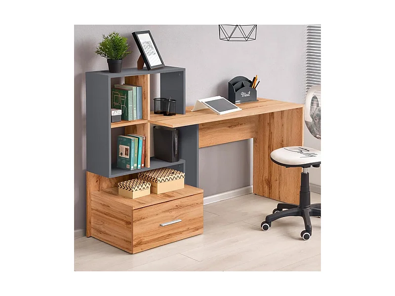 Bureau gris anthracite et aspect chêne avec grand tiroir et étagères STAND