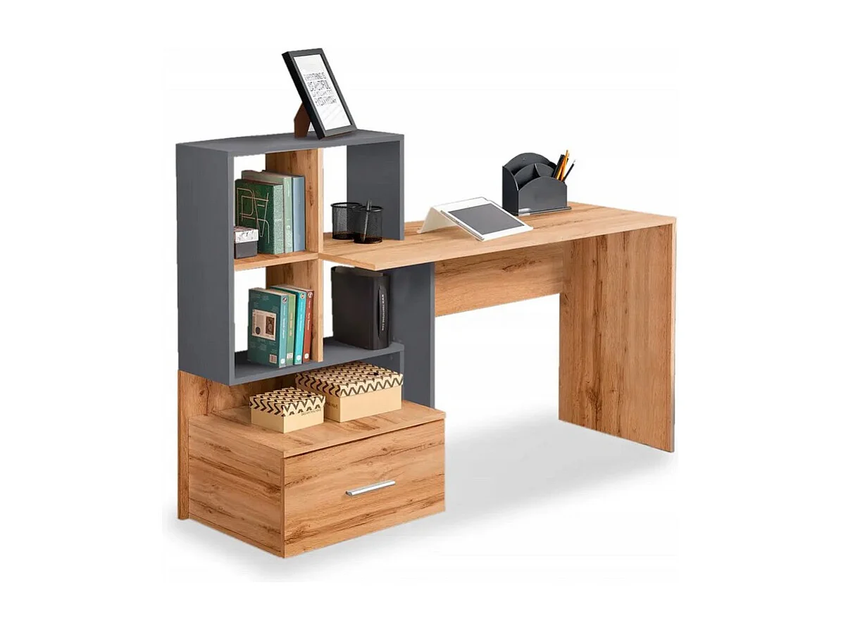 Bureau gris anthracite et aspect chêne avec grand tiroir et étagères STAND