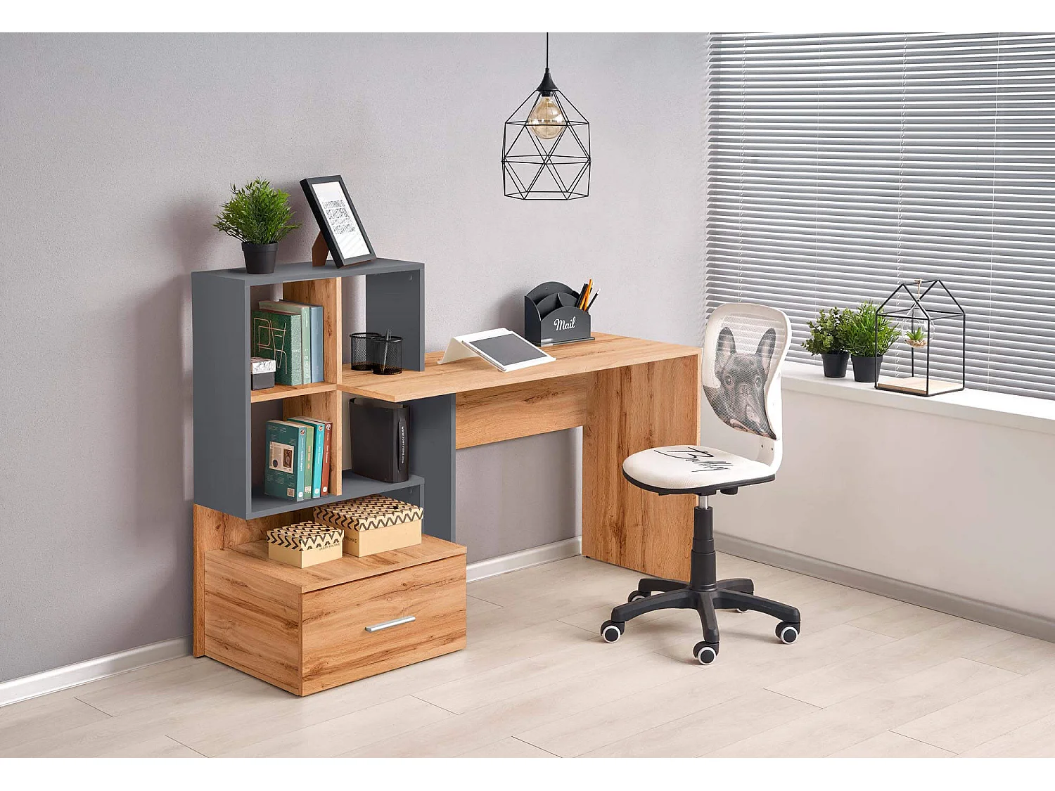 Bureau gris anthracite et aspect chêne avec grand tiroir et étagères STAND
