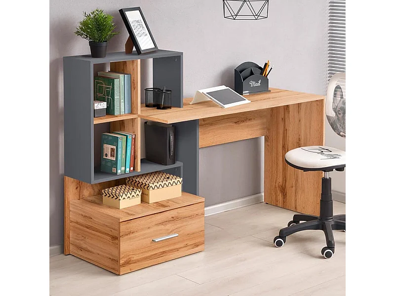 Scrivania in grigio antracite e rovere con ampio cassetto e ripiani STAND