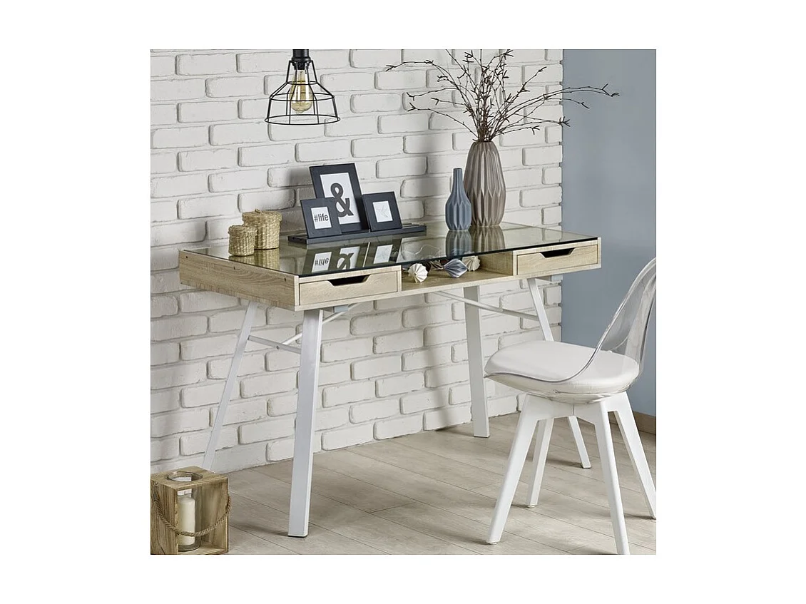 Bureau scandinave avec plateau verre Leo