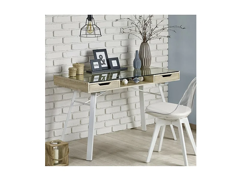 Bureau scandinave avec plateau verre Leo