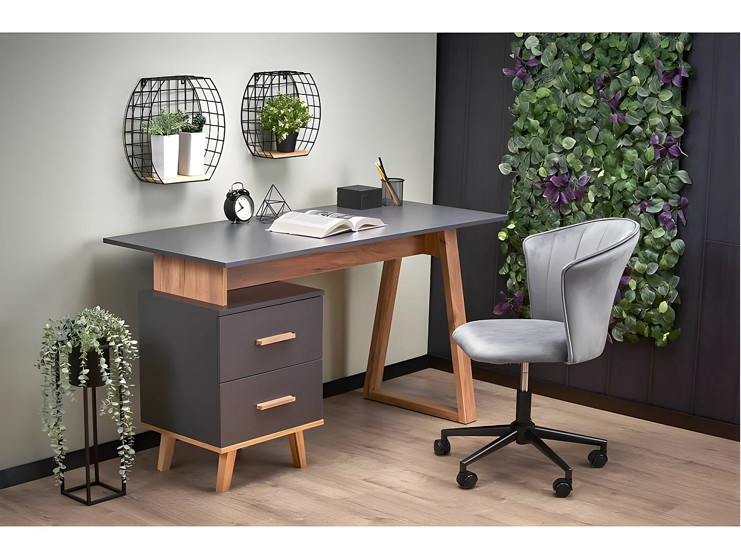 Bureau industriel anthracite et bois 2 tiroirs Vitim