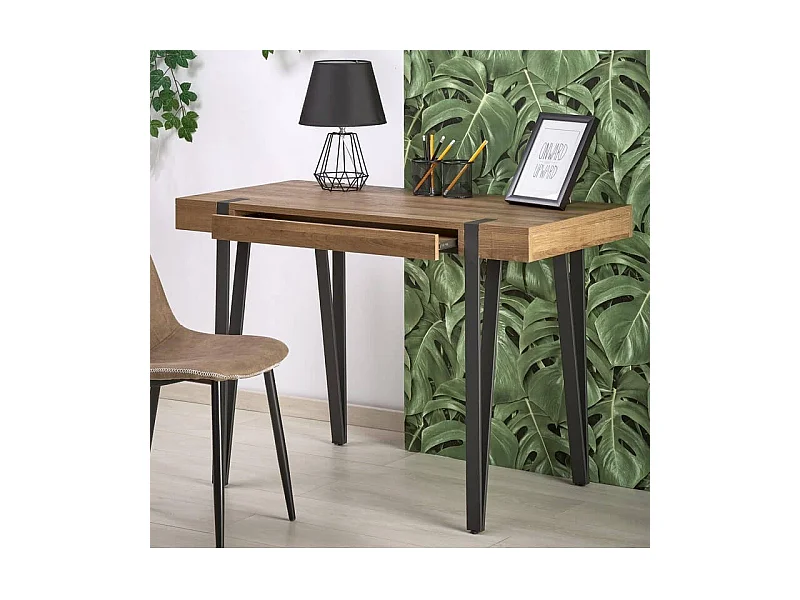 Escritorio de 110 x 55 cm con tablero de aspecto nogal y patas de pasador de acero FUN negro