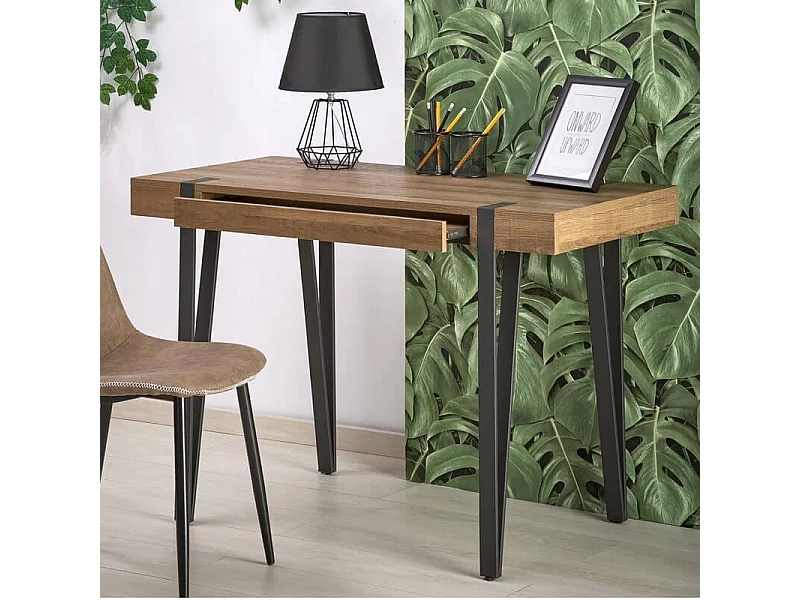 Bureau 110 x 55 cm avec plateau aspect noyer et pieds épingles en acier noir FUN