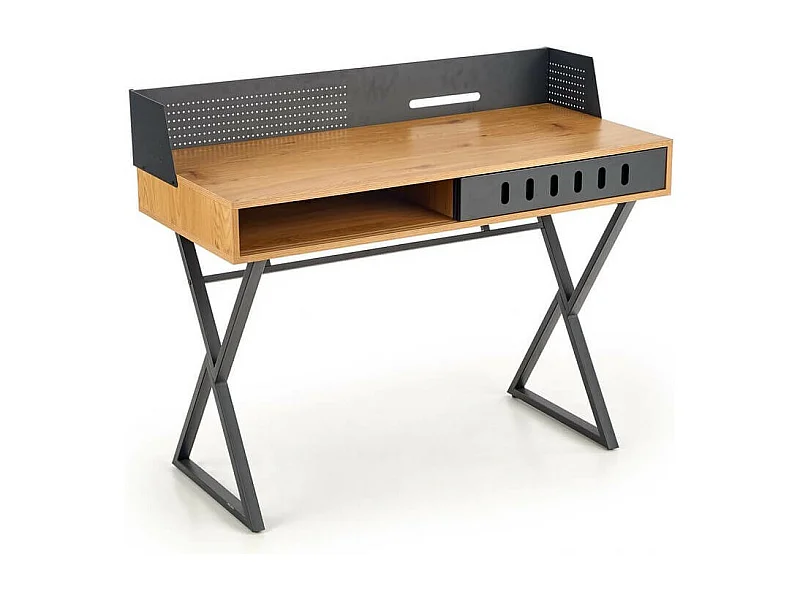 Bureau style industriel 110 x 50 cm aspect chêne doré et métal noir WORKER