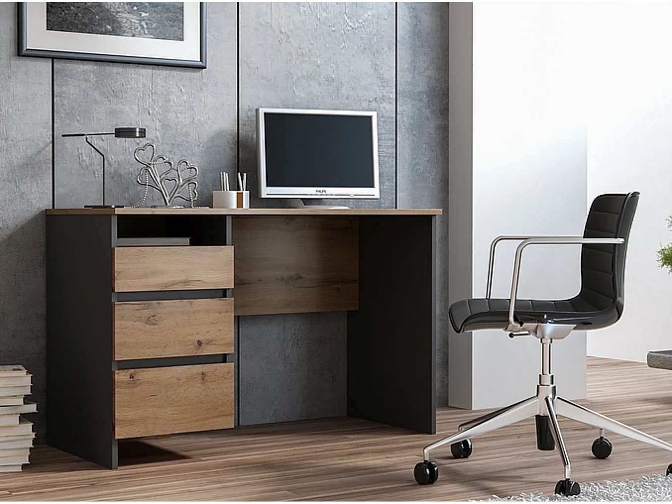 Bureau 120cm chêne et anthracite 3 tiroirs Study