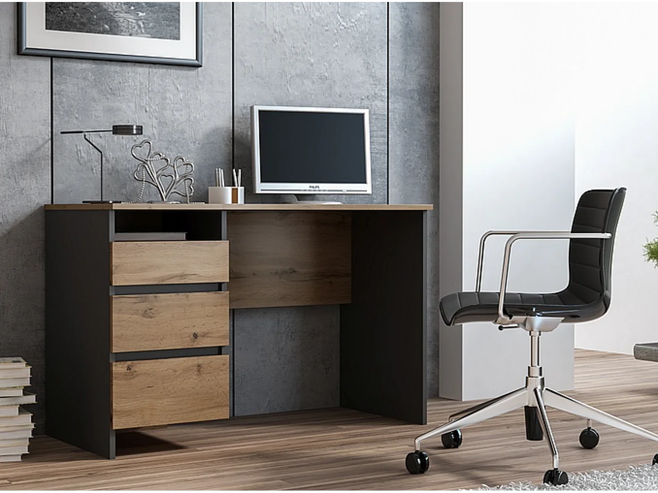 Scrivania a 3 cassetti da 120 cm in rovere e antracite