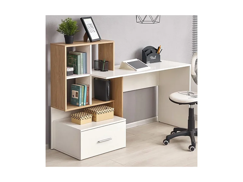 Bureau blanc et aspect chêne avec grand tiroir et étagères STAND