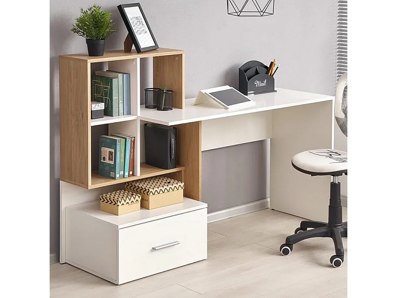 Escritorio de aspecto blanco y roble con gran cajón y estantes STAND