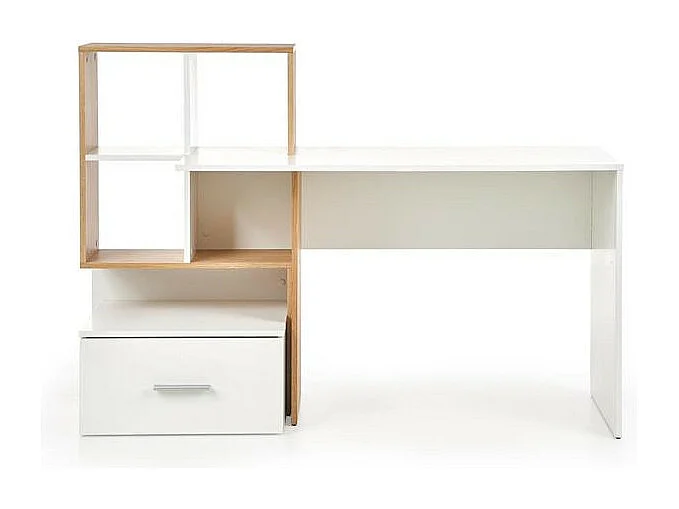 Escritorio de aspecto blanco y roble con gran cajón y estantes STAND