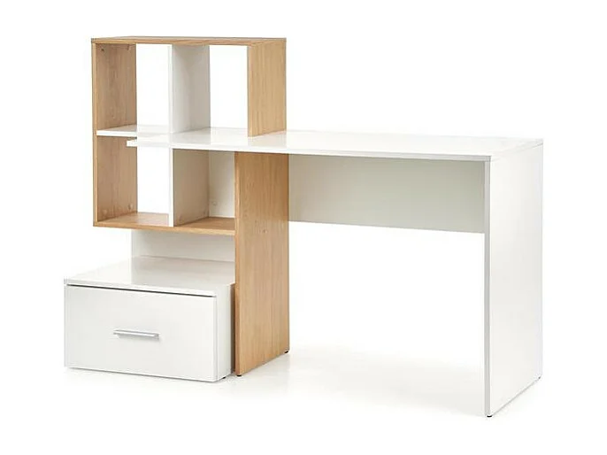 Escritorio de aspecto blanco y roble con gran cajón y estantes STAND