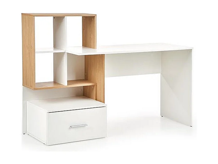 Bureau blanc et aspect chêne avec grand tiroir et étagères STAND