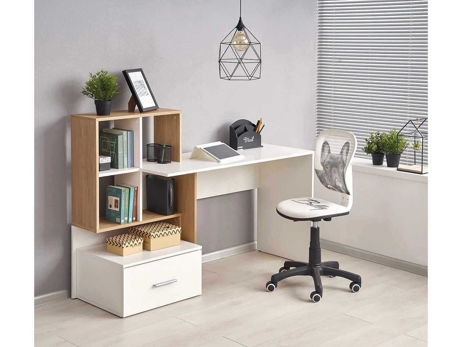 Bureau blanc et aspect chêne avec grand tiroir et étagères STAND