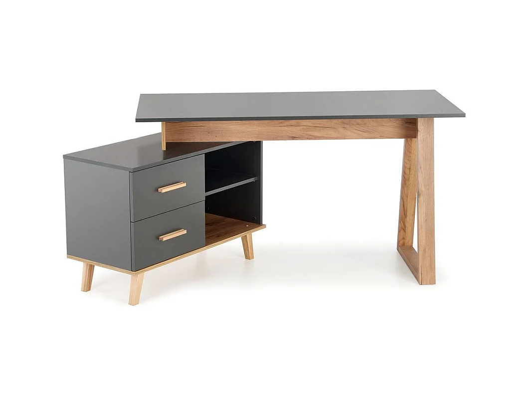 Bureau d'angle anthracite et bois 2 tiroirs 2 niches Vitim XL