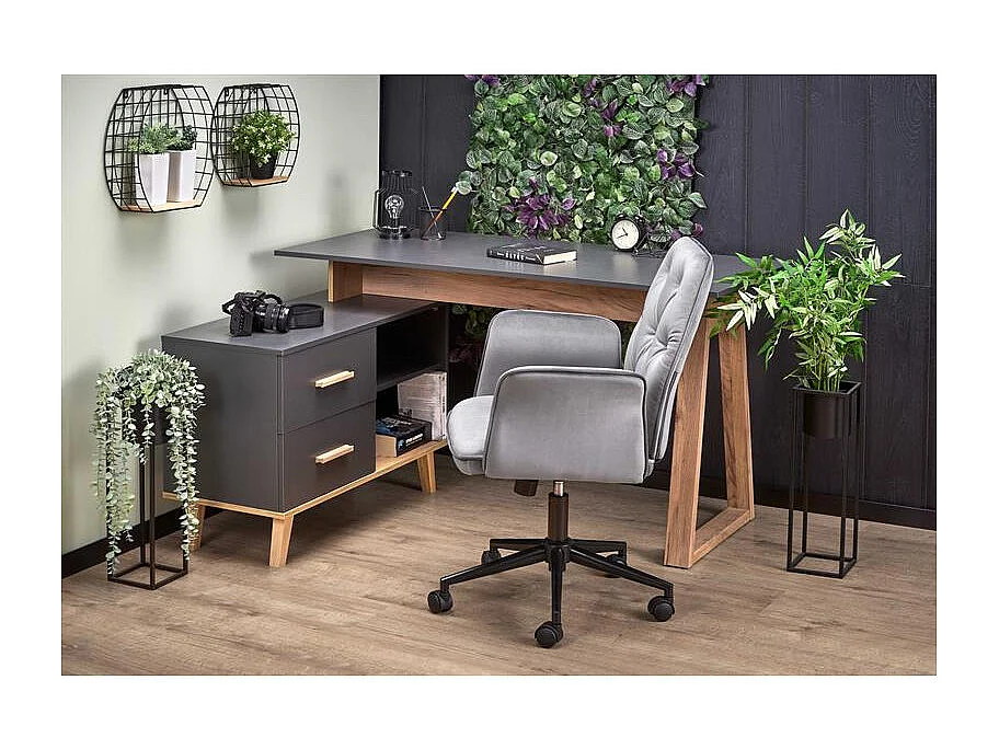 Bureau d'angle anthracite et bois 2 tiroirs 2 niches Vitim XL