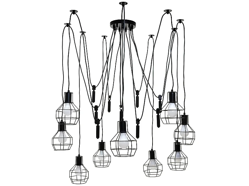 Suspension lampe suspendue lustre hauteur réglable en métal industriel noir 9x abat-jour en treillis 04_0004057