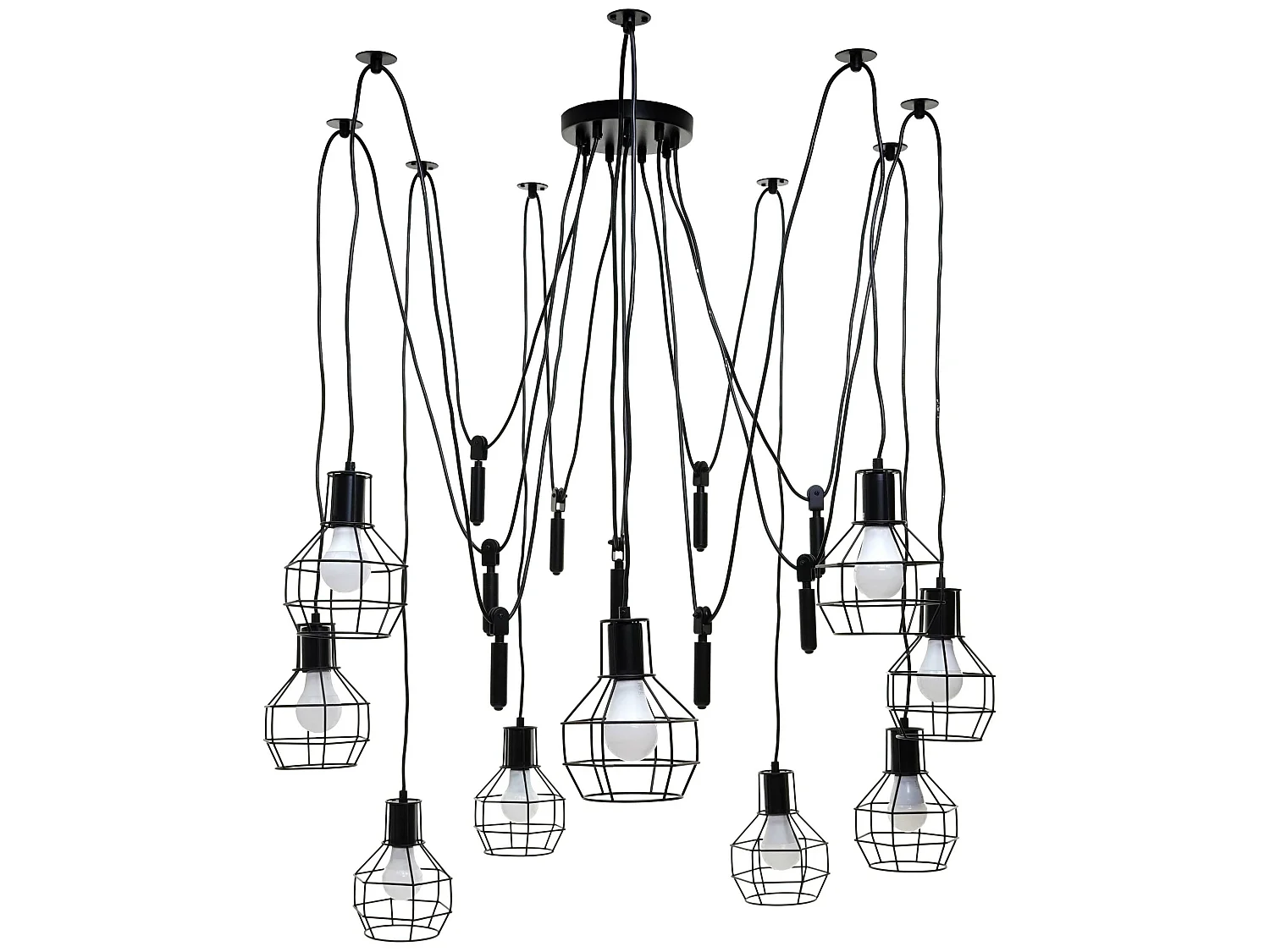 Suspension lampe suspendue lustre hauteur réglable en métal industriel noir 9x abat-jour en treillis 04_0004057