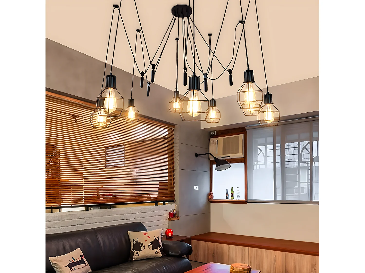 Suspension lampe suspendue lustre hauteur réglable en métal industriel noir 9x abat-jour en treillis 04_0004057