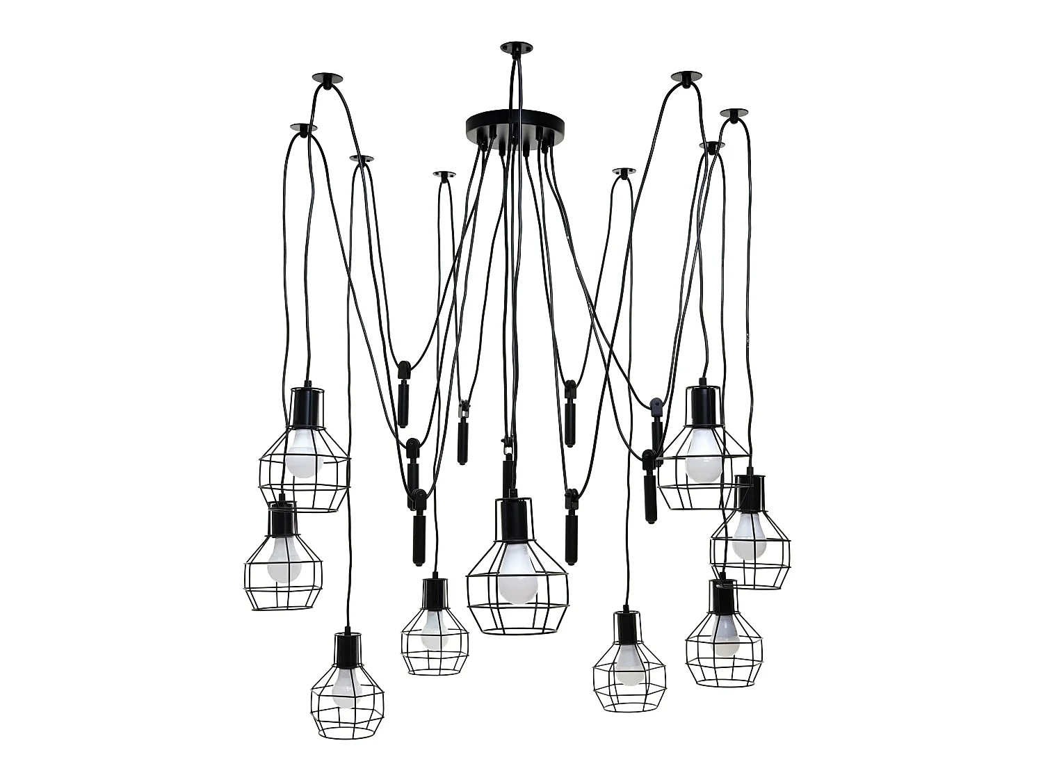 Suspension lampe suspendue lustre hauteur réglable en métal industriel noir 9x abat-jour en treillis 04_0004057