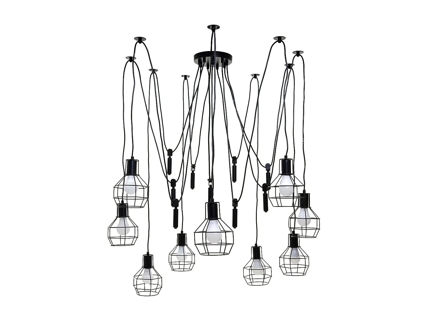 Suspension lampe suspendue lustre hauteur réglable en métal industriel noir 9x abat-jour en treillis 04_0004057