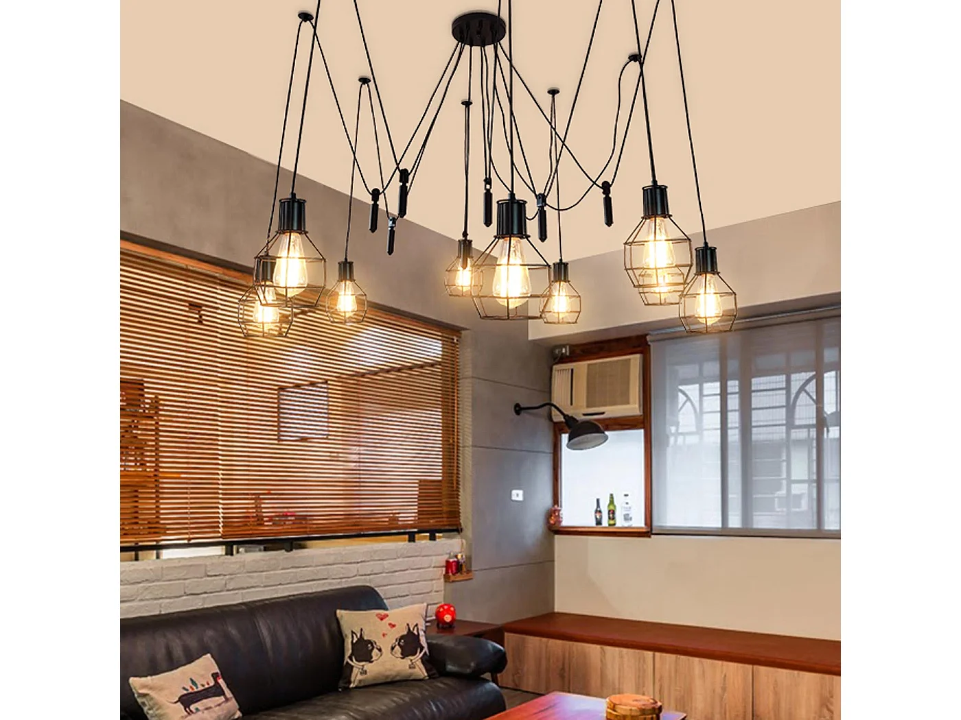 Suspension lampe suspendue lustre hauteur réglable en métal industriel noir 9x abat-jour en treillis 04_0004057